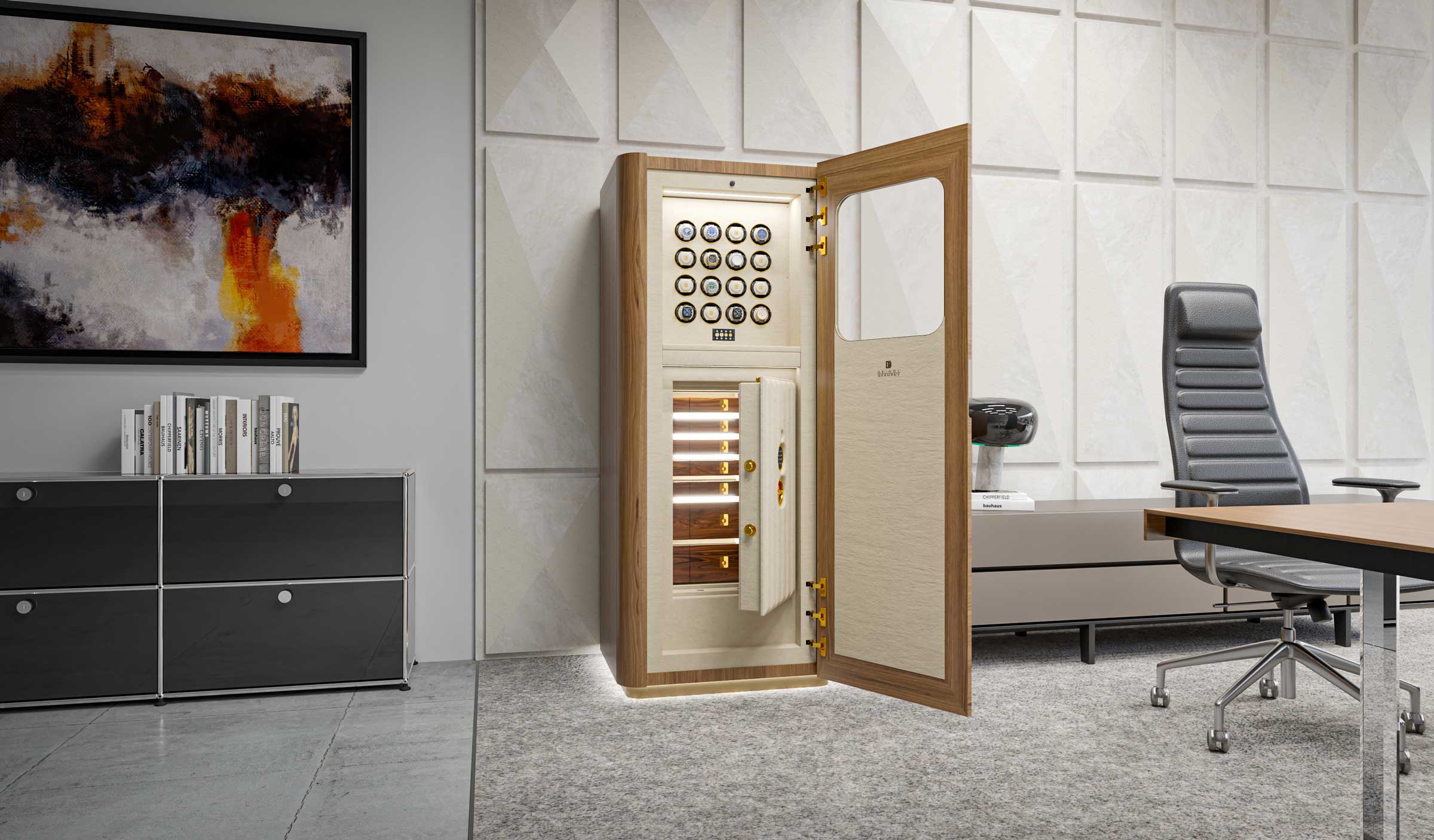 interior image of the luxury designer safe in a modern office